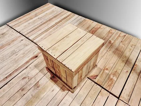High Angle View of Square Seat Made of Pallet Wood Isolated Against Gray Walls Foto stock