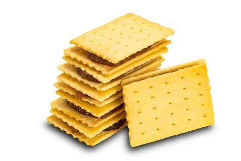 High angle view stack of cheese shake biscuit filled with pineapple jam on wh Stock Photos