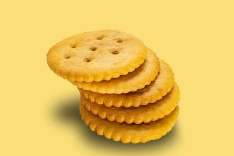 High angle view stack of salted round crackers. Stock Photos