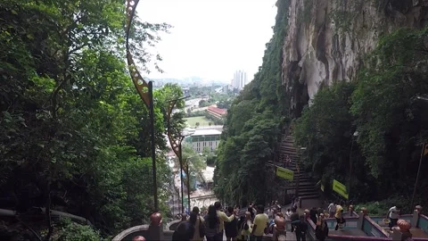 High angle view from staircase to Main Temple cave, Batu caves, Kuala Lumpur Stock Footage 197316862