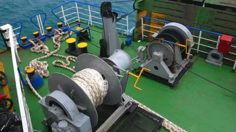 High angle view of stern of the ferry boat with rope winding machine Stock Footage 237807049