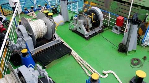 High angle view of stern of the ferry boat with rope winding machine Stock Footage 237807984