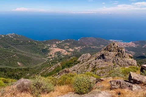 High angle view from summit station of Monte Capanne cable car to mountain Stock Photos