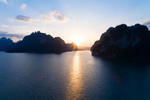 High angle view Sunset or sunrise over mountain Aerial view of lake during su Stock Photos