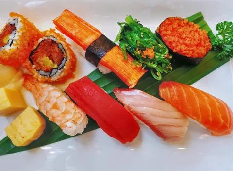 High Angle View of Sushi Set on White Tray Stock-Fotos