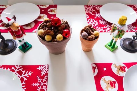 High angle view of table being set for Christmas lunch Stock Photos