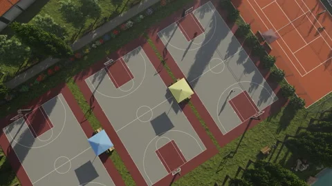 High angle view of tennis and basketball courts near a lake, athlete oncourt 스톡 동영상 167882272