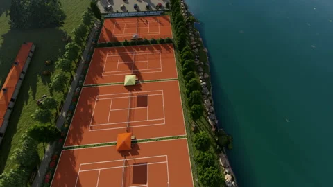 High angle view of a tennis base camp next to a lake and beautiful surroundi 스톡 동영상 144379419