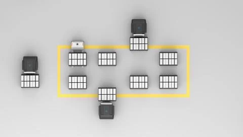High-angle view of three autonomous forklifts and a pallet truck moving boxes Stockillustratie