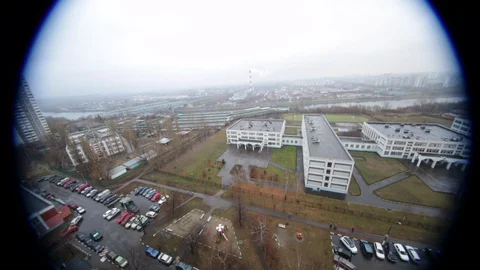 High angle view through fish eye lens of Moscow suburbs 스톡 동영상 107632518