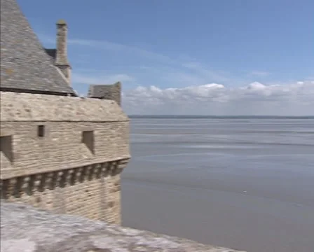 High angle view from the top of Mont Saint-Michel at the surrounding  bay + pan. Stock Footage 45966224