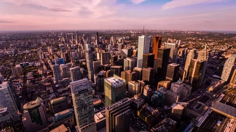 High angle view of Toronto downtown time lapse at sunset Stockbeeldmateriaal 119135606