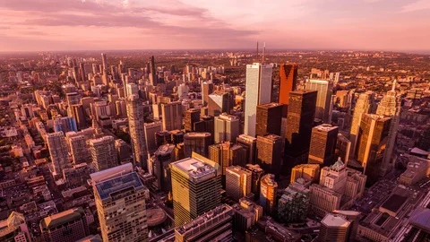 High angle view of Toronto downtown time lapse at sunset Stockbeeldmateriaal 119135663