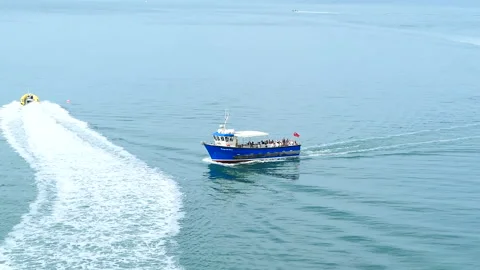 High angle view of a tour boat (Alum Bay, Isle of Wight) Stock Footage 244850487
