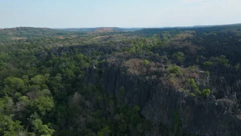 High angle view of tourists walking across a rope bridge in the Tsingy de 스톡 동영상 308398762