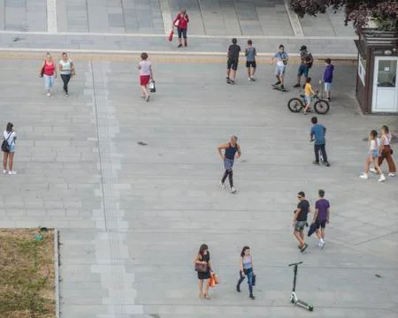 High angle view towards people walking in pedestrian area Foto stock