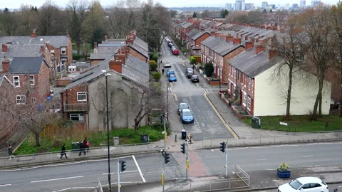 High angle view towards Pinnington Lane in Stretford Manchester Stock Footage 237189548