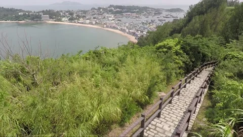 High angle view of the town and trail, Cheung Chau Island, Hong Kong Stockbeeldmateriaal 149495482