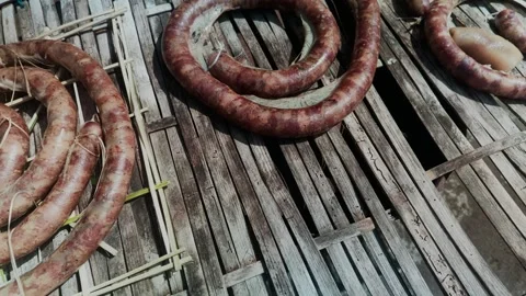 High-angle view of traditional Balinese pork sausages Video stock 337604328