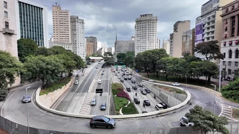 High Angle View of Traffic and Infrastructure in Downtown São Paulo Stockbeeldmateriaal 336678306