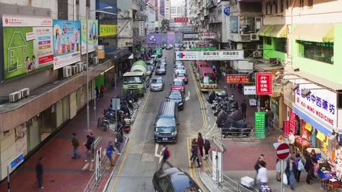 High Angle View of Traffic on a Busy Street in Mongkok, Hong Kong Video stock 76537120