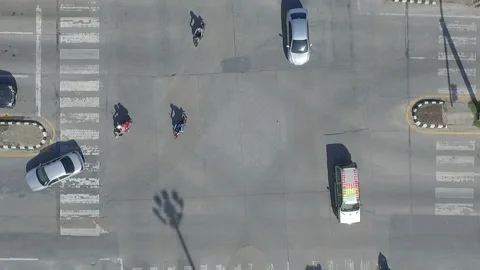 High angle view of traffic on the street at the intersection with traffic lights Stock Footage 131135694