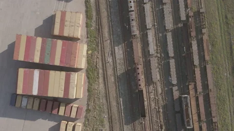 High angle view of trains and freight containers shot from above Stock-Footage 161866895