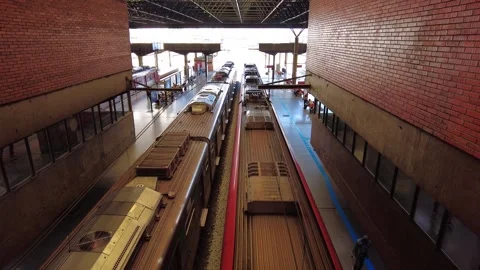 High-angle view of trains and passengers at the busy Barra Funda station Stock Footage 338041198