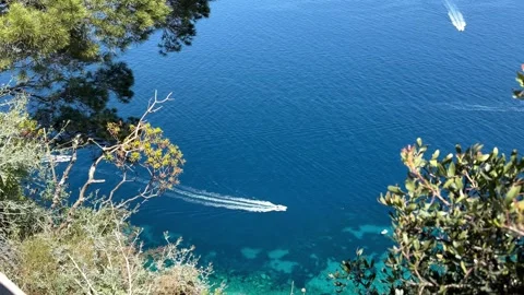 High Angle View Two Boats Turquoise Sea Capri Italy Mediterranean Cliff Stock Footage 337815164