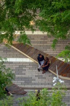 High angle view of two friends on a city park bench green trees pavement Stock Photos