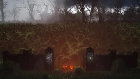 High angle view of two halloween pumpkins at spooky gate in misty field at ni Stock Illustration