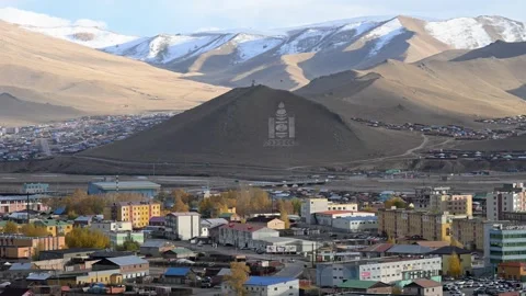 High-Angle View of Uliastai, Mongolia with the Soyombo Symbol on a Hill and Stock Footage 318721763