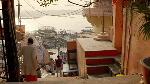 High Angle View of Varanasi Ghats at Sunrise, Slow Motion Ganges River Steps, 스톡 동영상 329740525