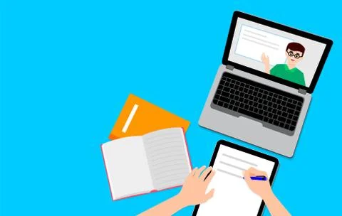 High angle view of video conference with teacher on laptop at home. Stock Illustration
