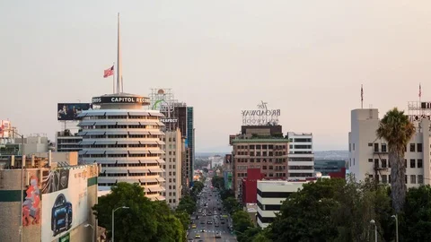 High Angle View of Vine Street and Hollywood from Day to Night Video stock 76714796