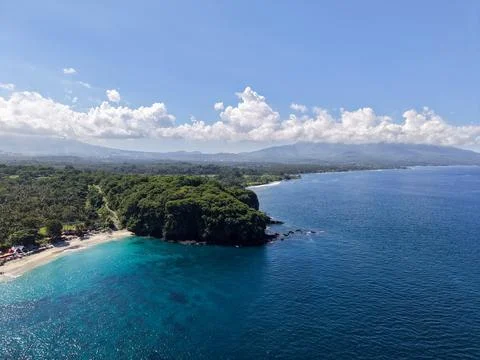 High Angle View of Virgin Beach Coastal Promontory and Mountain Scenery in Bali Stock Photos