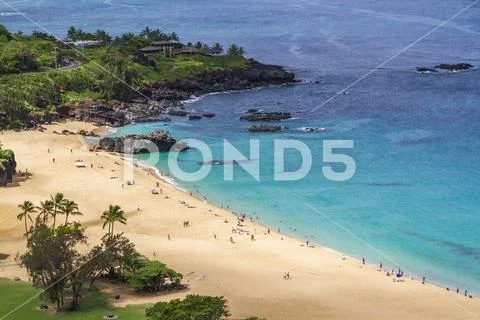 High angle view of Waimea Bay beach park, Oahu Hawaii Stock Photos