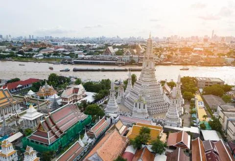High angle view of Wat Arun temple and Chao Phraya river Stock Photos