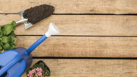 High angle view watering can flower potted plants hand shovel with soil woo.. Stock Photos