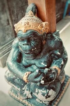 High Angle View Weathered Black Stone Guardian Statue Pura Tanah Lot Stock Photos