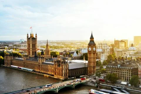 High Angle View Of Westminster Bridge By Big Ben Against Sky - stock photo Stock Photos