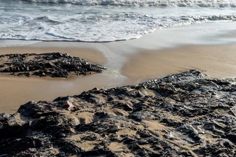 High-angle view of wet, sparkling sand flowing around dark, textured rock f.. Stock Photos