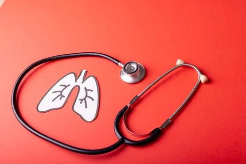 High angle view of white paper lungs with stethoscope against red background, Stock Photos