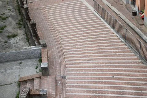 High Angle View of Wide Brick Outdoor Staircase and Pedestrian Path Stock Photos