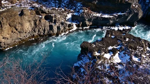 High angle view of wild mountain river in canyon near Hraunfossar, Iceland Stock Footage 154188168