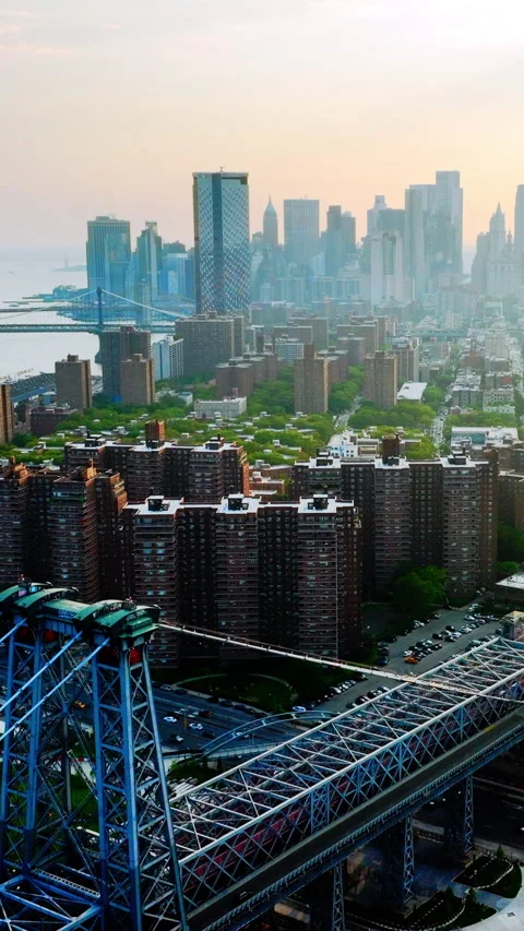 High-angle view of Williamsburg Bridge and Midtown skyline. Vertical video. Stock Footage 321348892