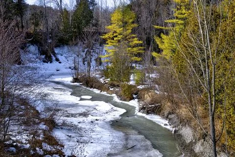 High angle view of winter landscape of the riverbank in early spring Stock Photos