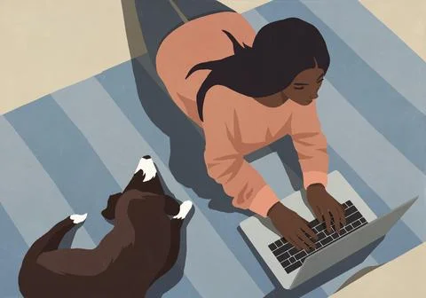 High angle view of woman working at laptop on floor next to sleeping dog Illustrazione stock