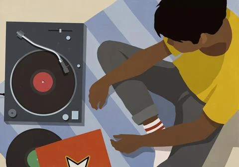 High angle view of young man listening to music at record player Stock Illustration