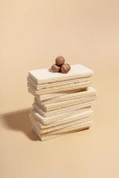 High angle wafers with hazelnuts top Stock Photos